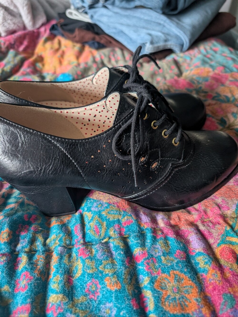 Bait Footwear Classic Lace-Up Women's Black Leather Heels Oxford Pinup Retro - Picture 4 of 7